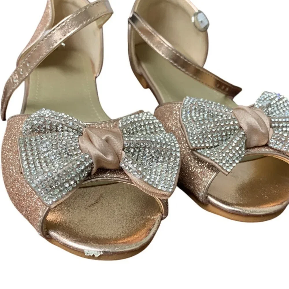 Aomigoct Girls Size 4 Rose Gold Silver Bow Glitter Princess Flat Sandal Shoes